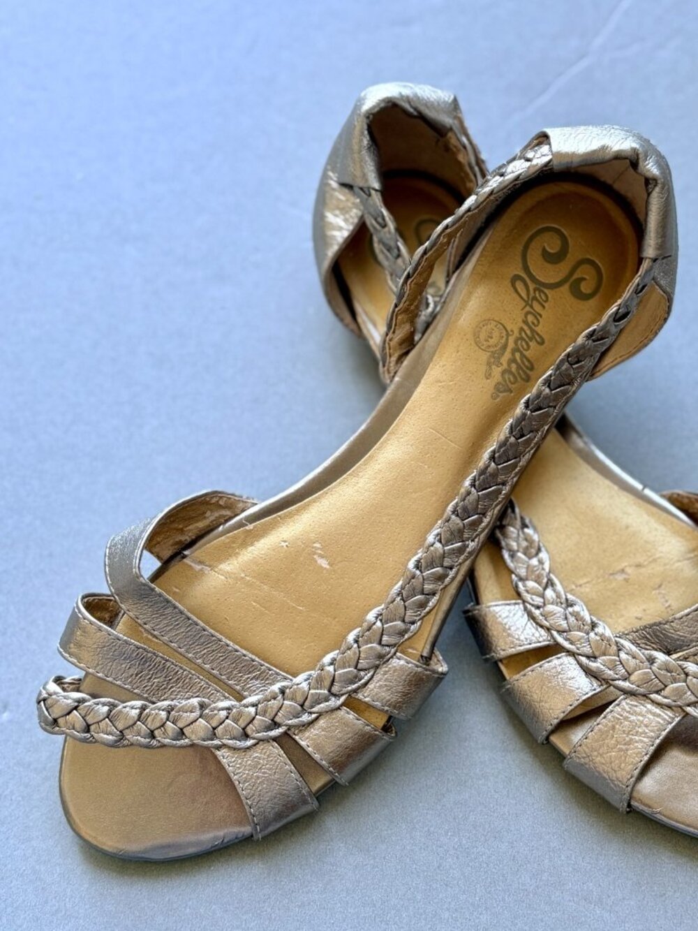 Seychelles Pewter Metallic Leather Braided d'Orsay Peep Toe Flat Sandal Size 7.5